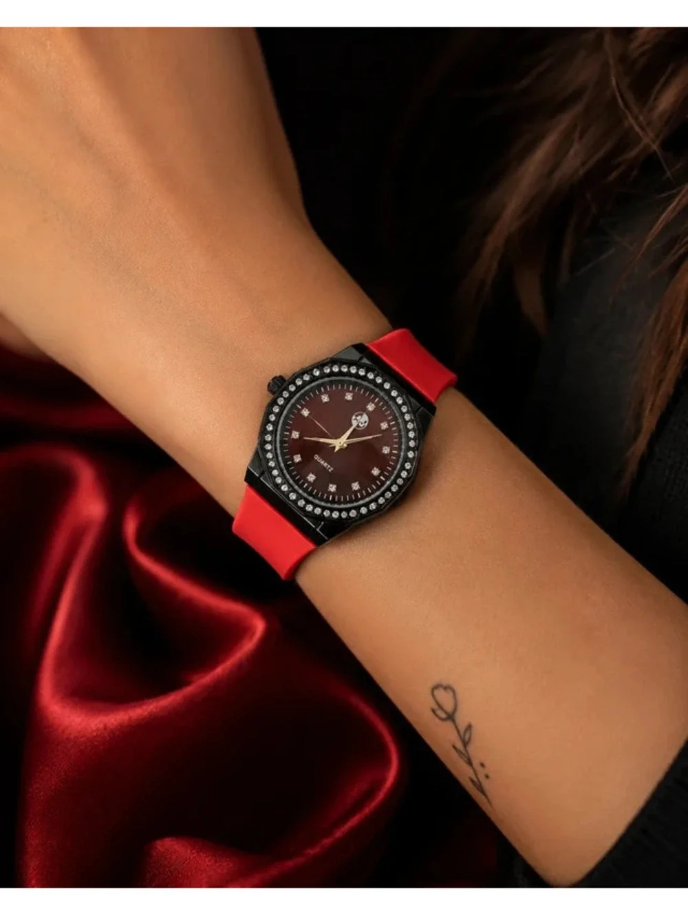 #529 AJ 31 mm Red Strap Crystal-Accent Quartz Watch